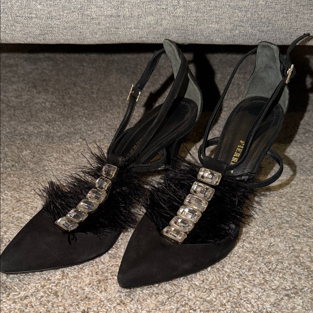 Pierre Balmain Black Heels with Crystal and Feather Accents